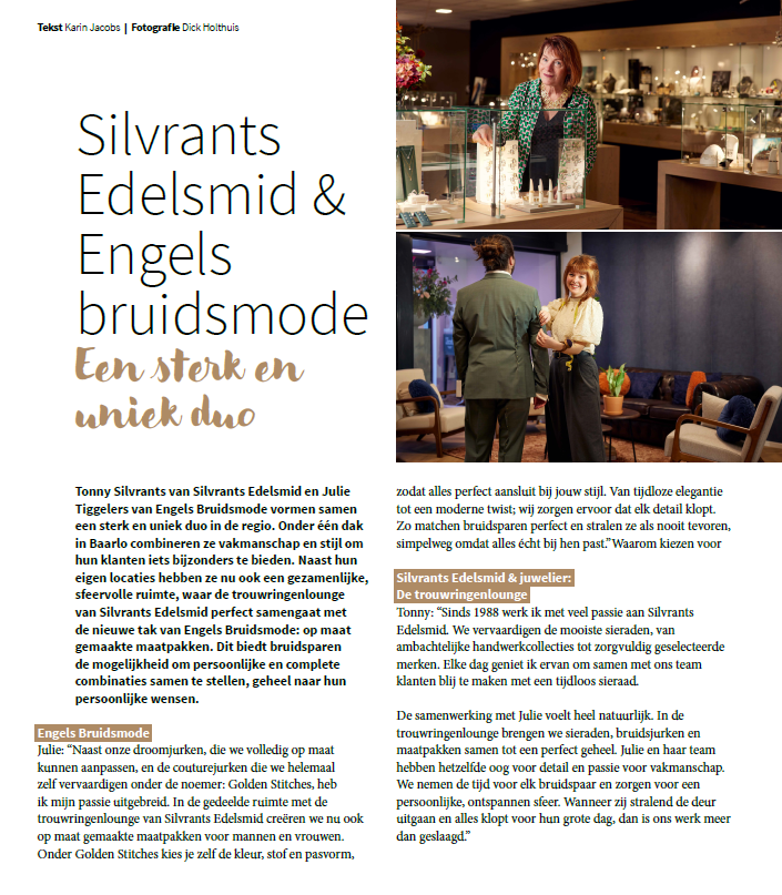 Tekstoverlay: Silvrants Edelsmid & Engels bruidsmode. Mensen in een juwelierszaak en een bruidswinkel.
