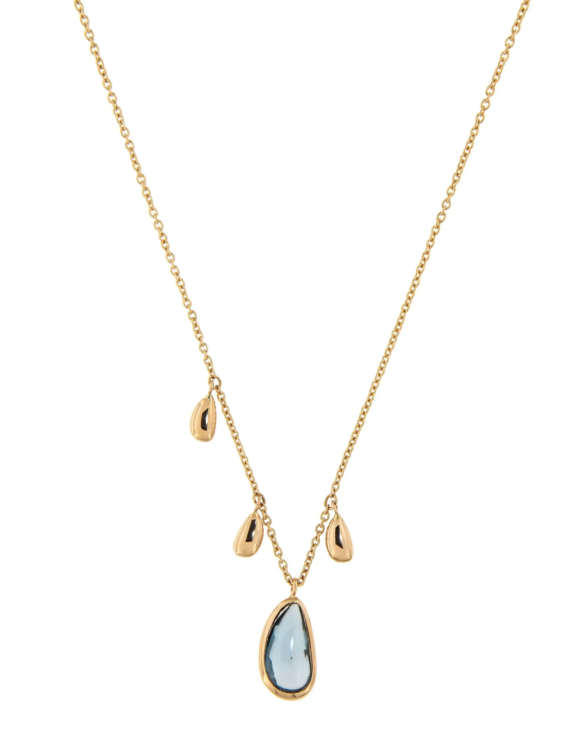 Gouden ketting met een druppelvormige blauwe hanger en drie kleinere gouden tranen.