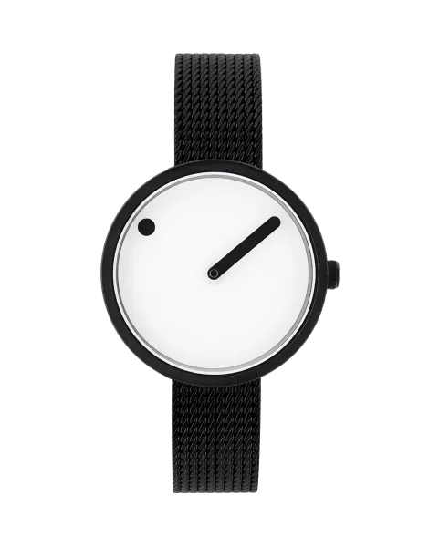 Zwart-wit polshorloge met een minimalistisch design op een zwarte band.