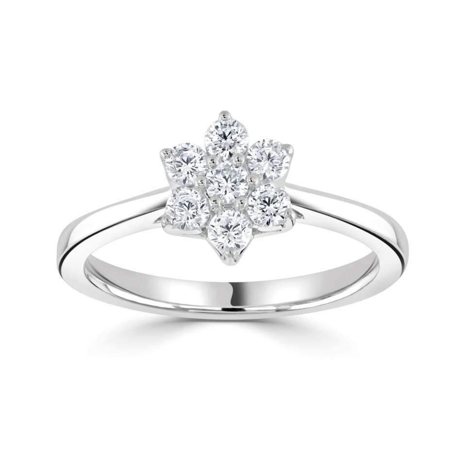 Ring met een diamanten cluster in de vorm van een sneeuwvlok op een zilveren band.