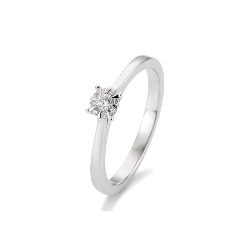 Zilveren ring met een kleine diamant in een solitairezetting.