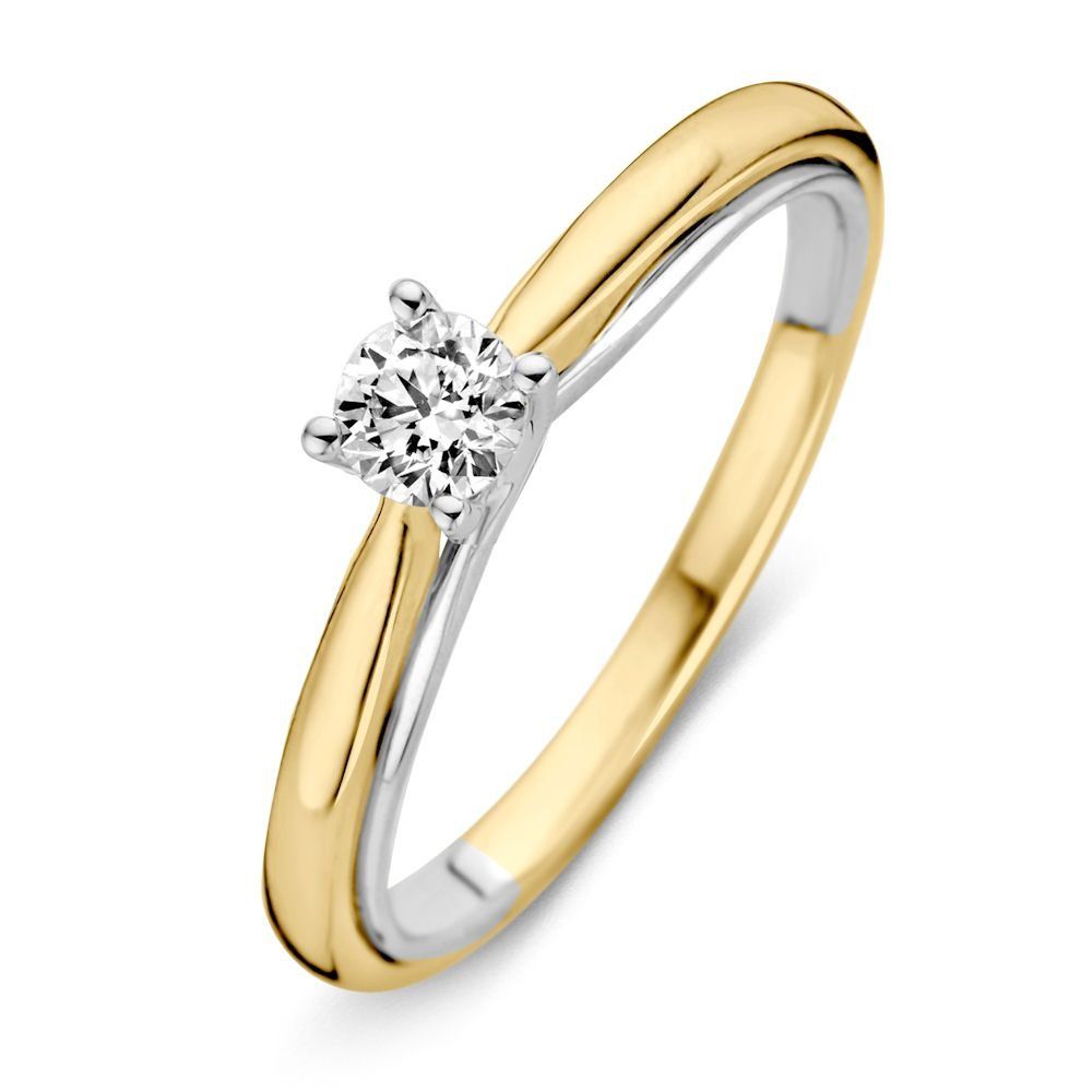 Solitaire ring met diamant, band van geel goud en pinnen van wit goud.