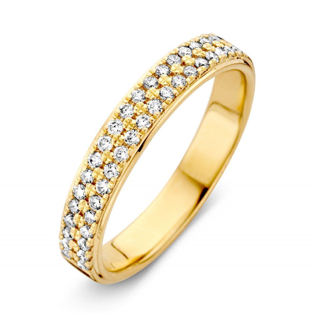 Gouden ring met twee rijen kleine, witte edelstenen in de band.