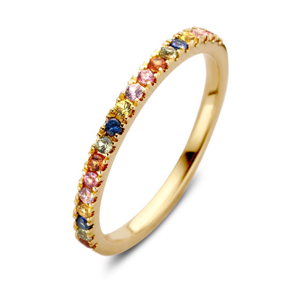 Gouden ring met een band van veelkleurige edelstenen.