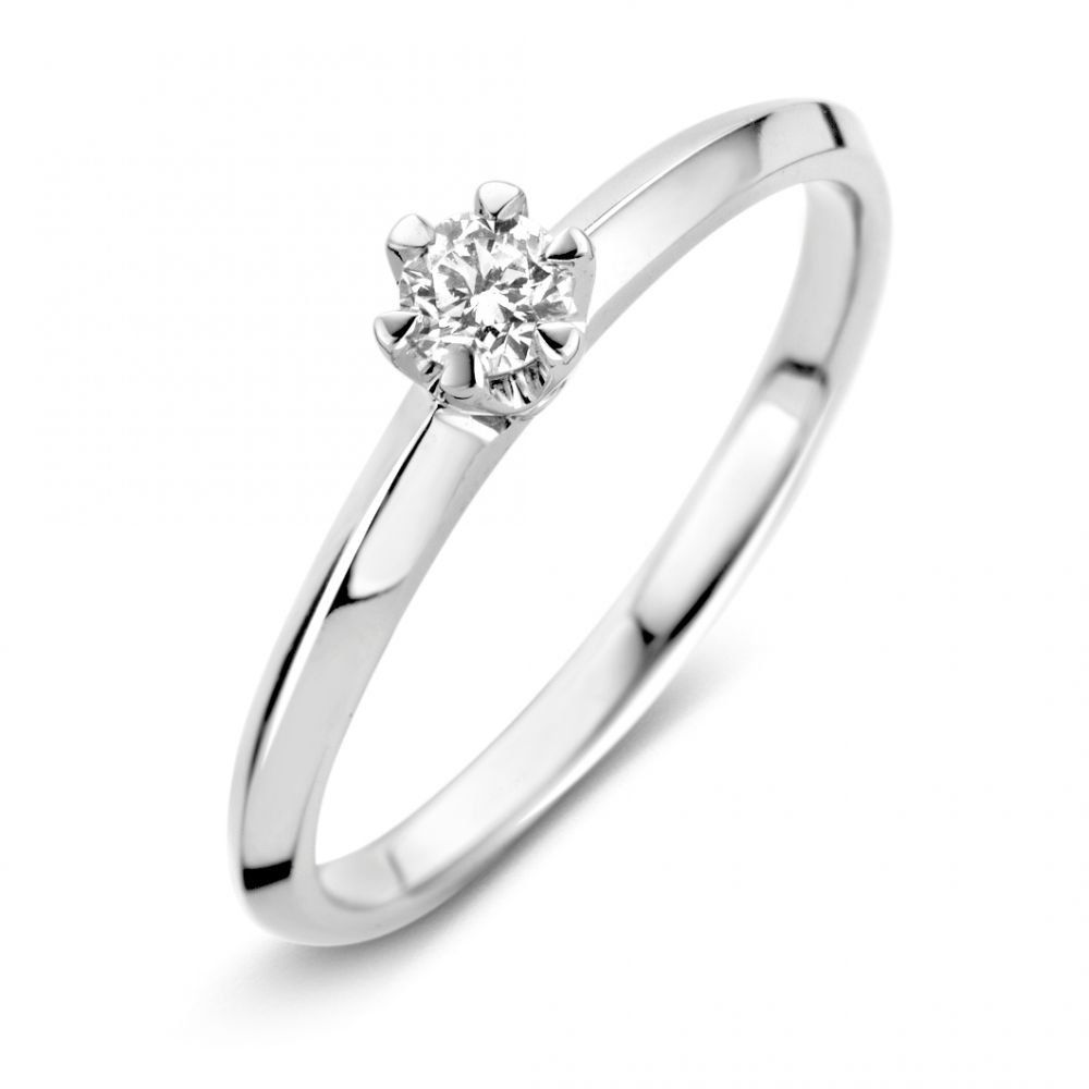 Solitaire diamanten ring, zilveren band, gezet met pootjes, kleine ronde diamant.