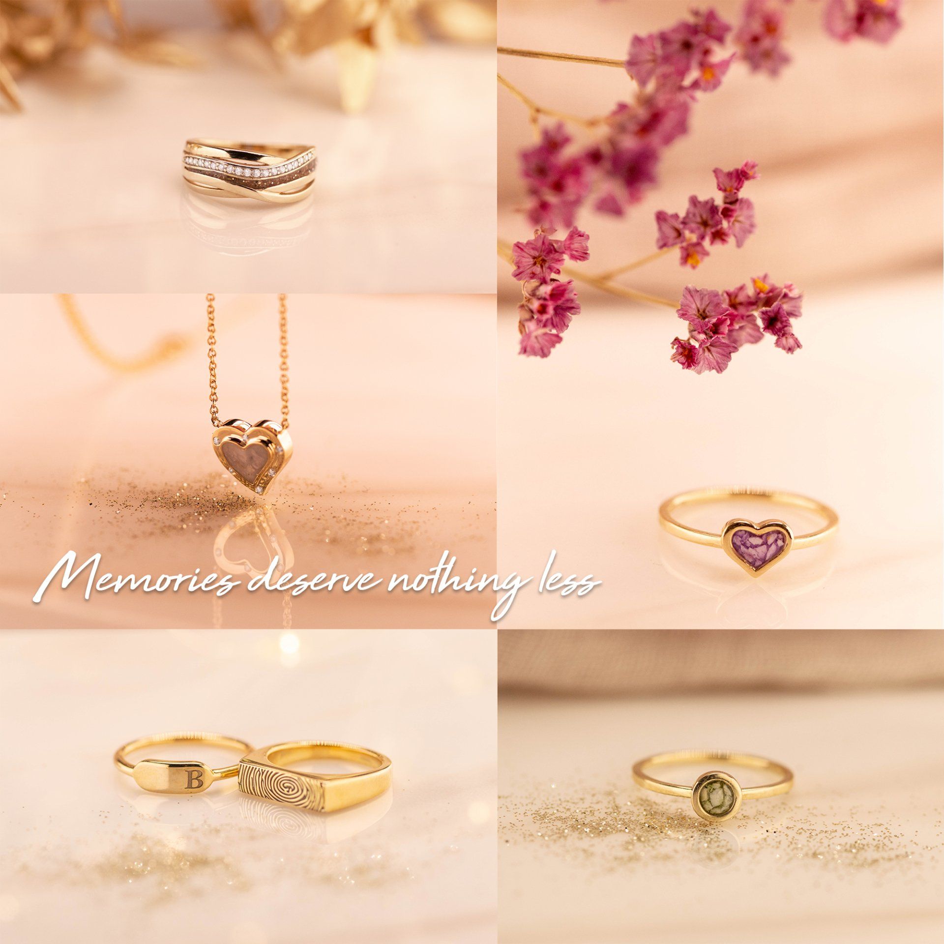 Collage van sieraden: ringen en een ketting met een hartvormige hanger, afgebeeld op een oppervlak met roze bloemen en gouden glitters.