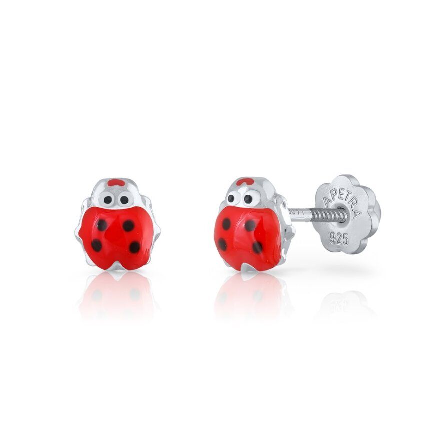 Lieveheersbeestjesoorbellen in rood en zilver. Eén heeft een schroefsluiting.