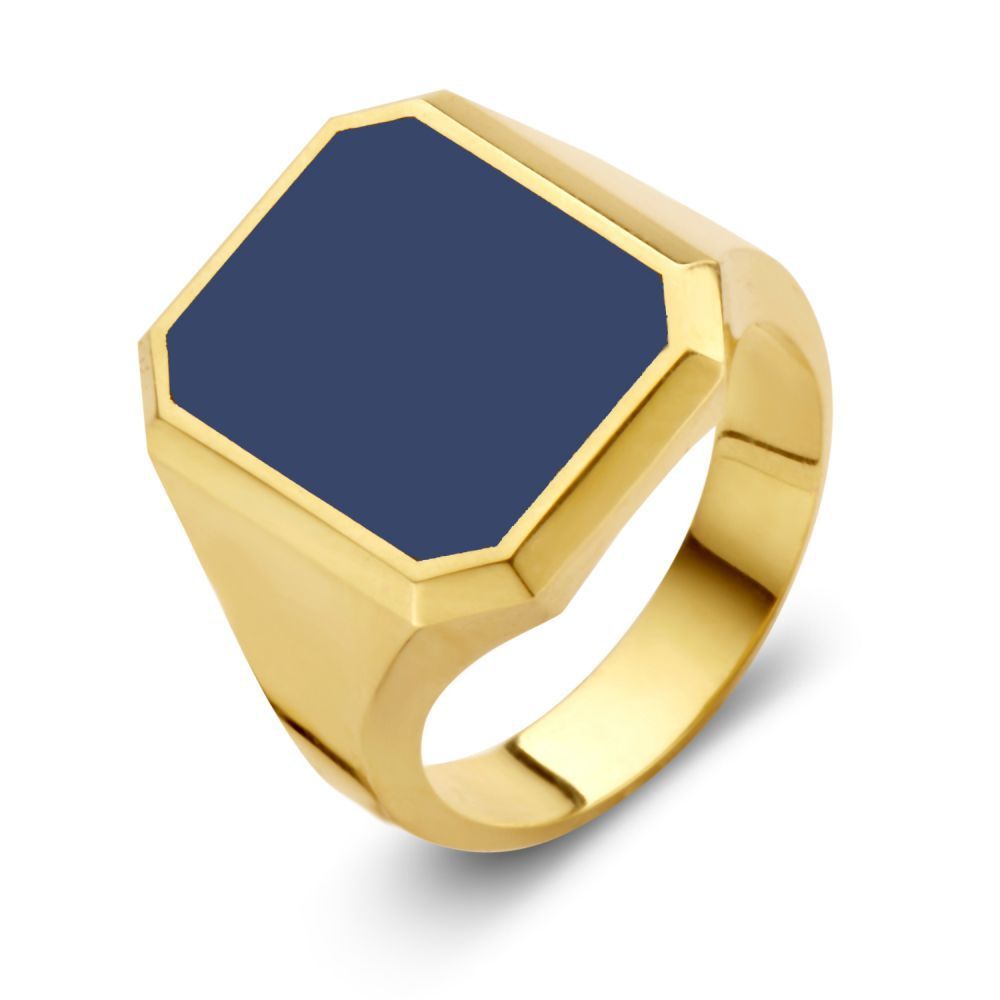 Gouden zegelring met blauw geëmailleerd vierkant.