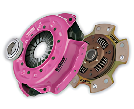 A Pink clutch cover and Clutch disc on a white Background — Currajong Brake Parts Pty Ltd In Currajong, QLD