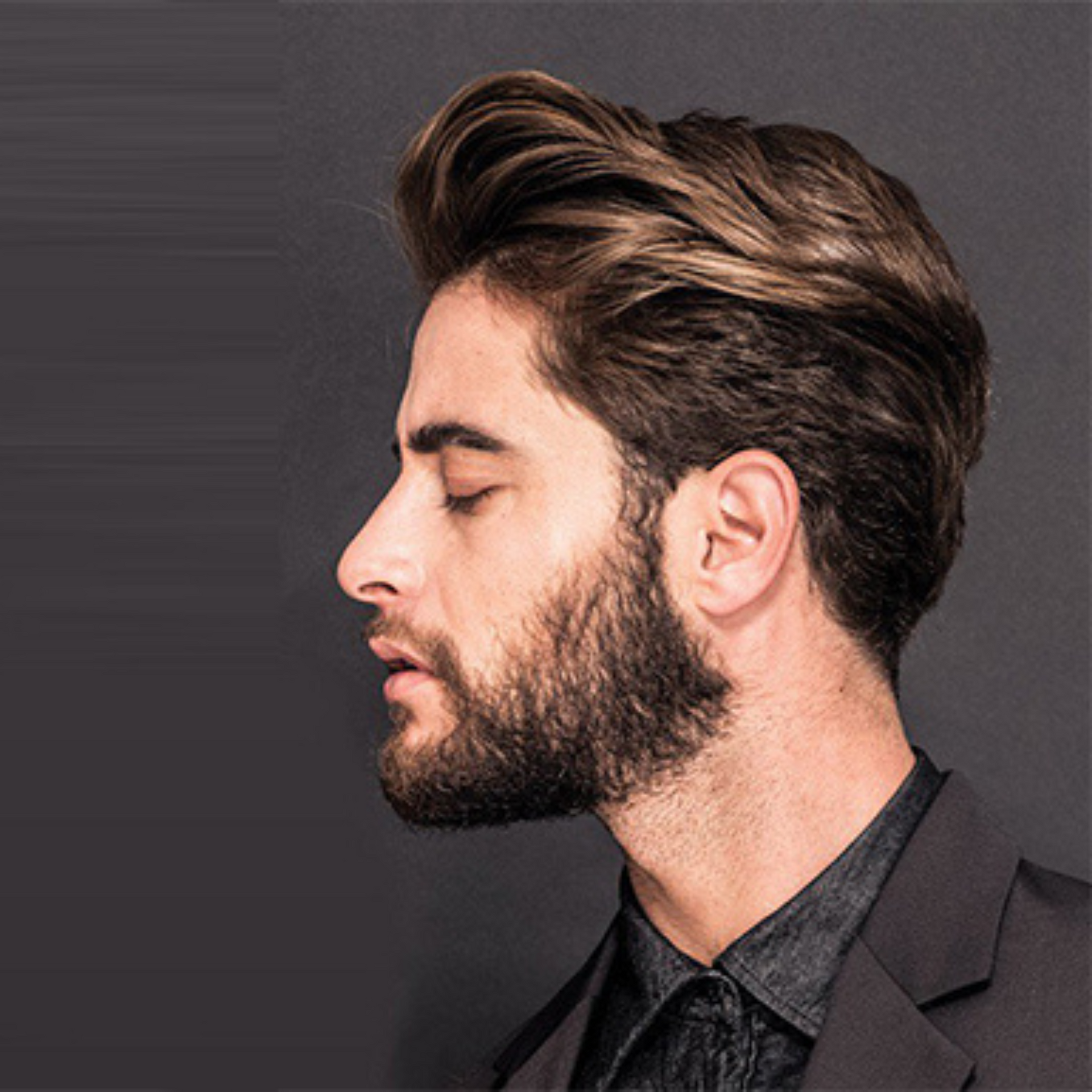 Retrato de perfil de un hombre barbudo con el pelo peinado, vestido con un traje oscuro, mirando hacia la izquierda sobre un fondo gris.