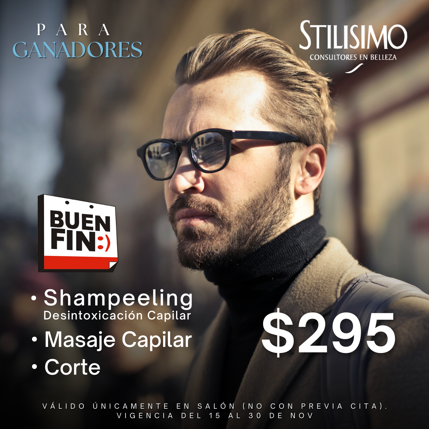 Cartel promocional de servicios de peluquería masculina que muestra a un hombre barbudo con gafas y el precio de 295 dólares.