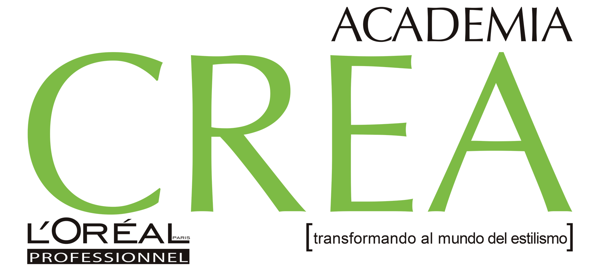 Logotipo de CREA Academia con “CREA” en verde, “ACADEMIA” en negro y la marca L'Oréal Professionnel a continuación.