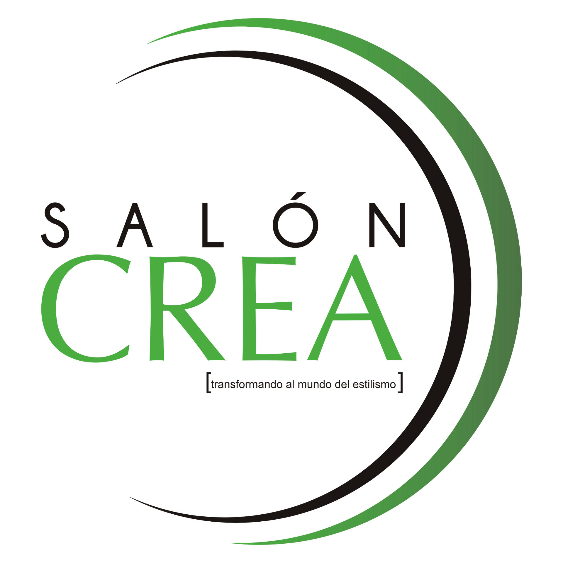 Logo de “Salón Crea” en verde y negro con líneas curvas sobre fondo blanco.