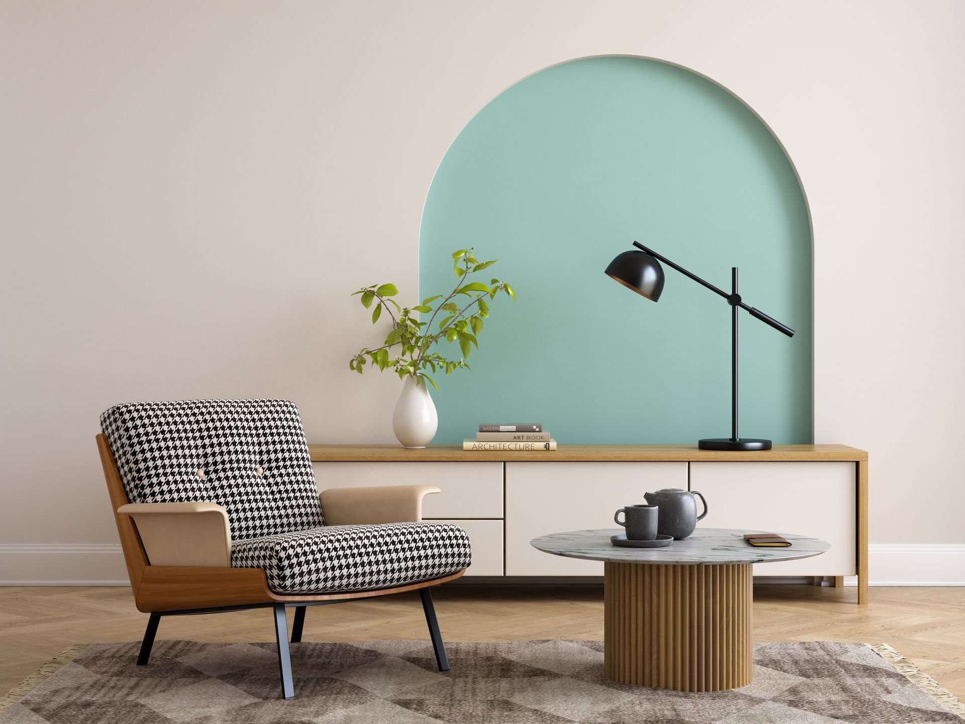 Innenraum mit Stuhl Lampe und bemalter Wand