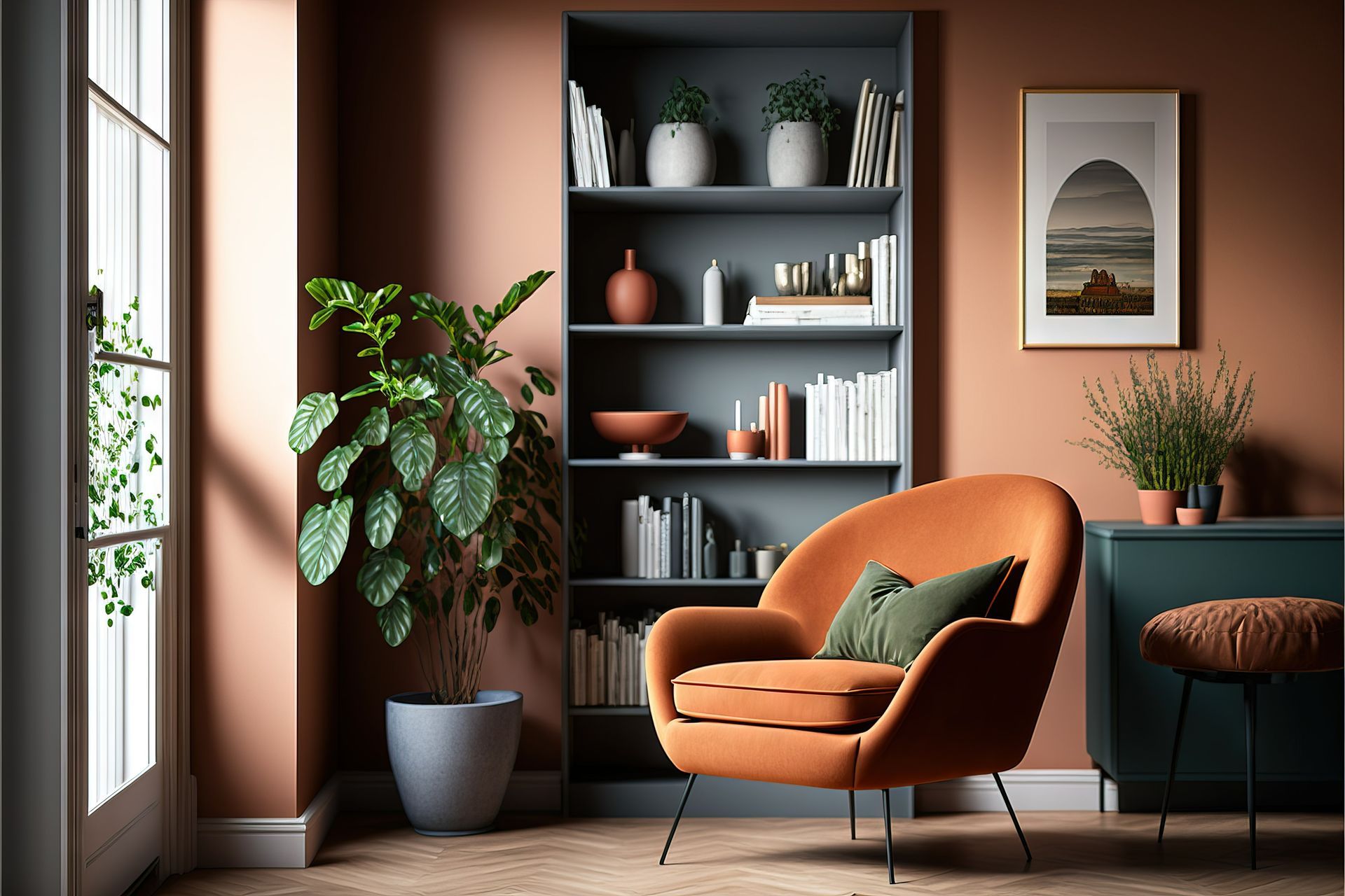 Stilvolles und modernes gemütliches Interieur mit Terrakotta-Sessel und grauem Bücherregal an orangefarbener Wand