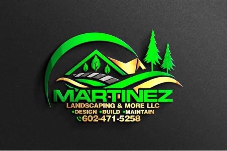 Martinez Landscaping logo: Green and gold landscape design with trees, house, and phone number.