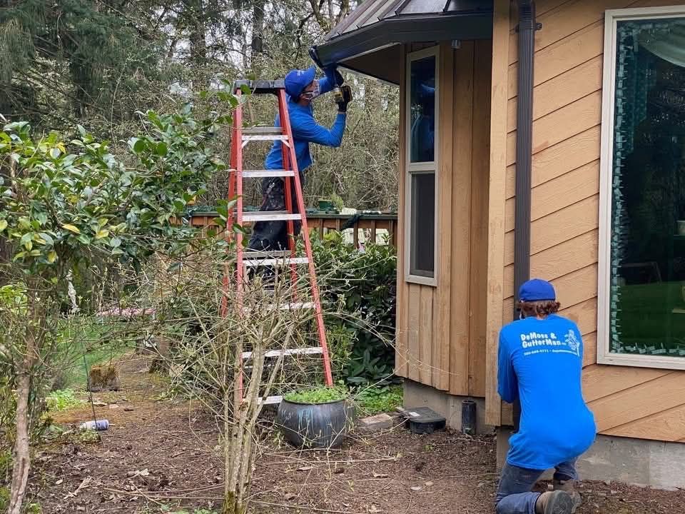 Two workers in blue uniforms repair a wooden shed, one on a ladder by the roof and one crouching nearby.