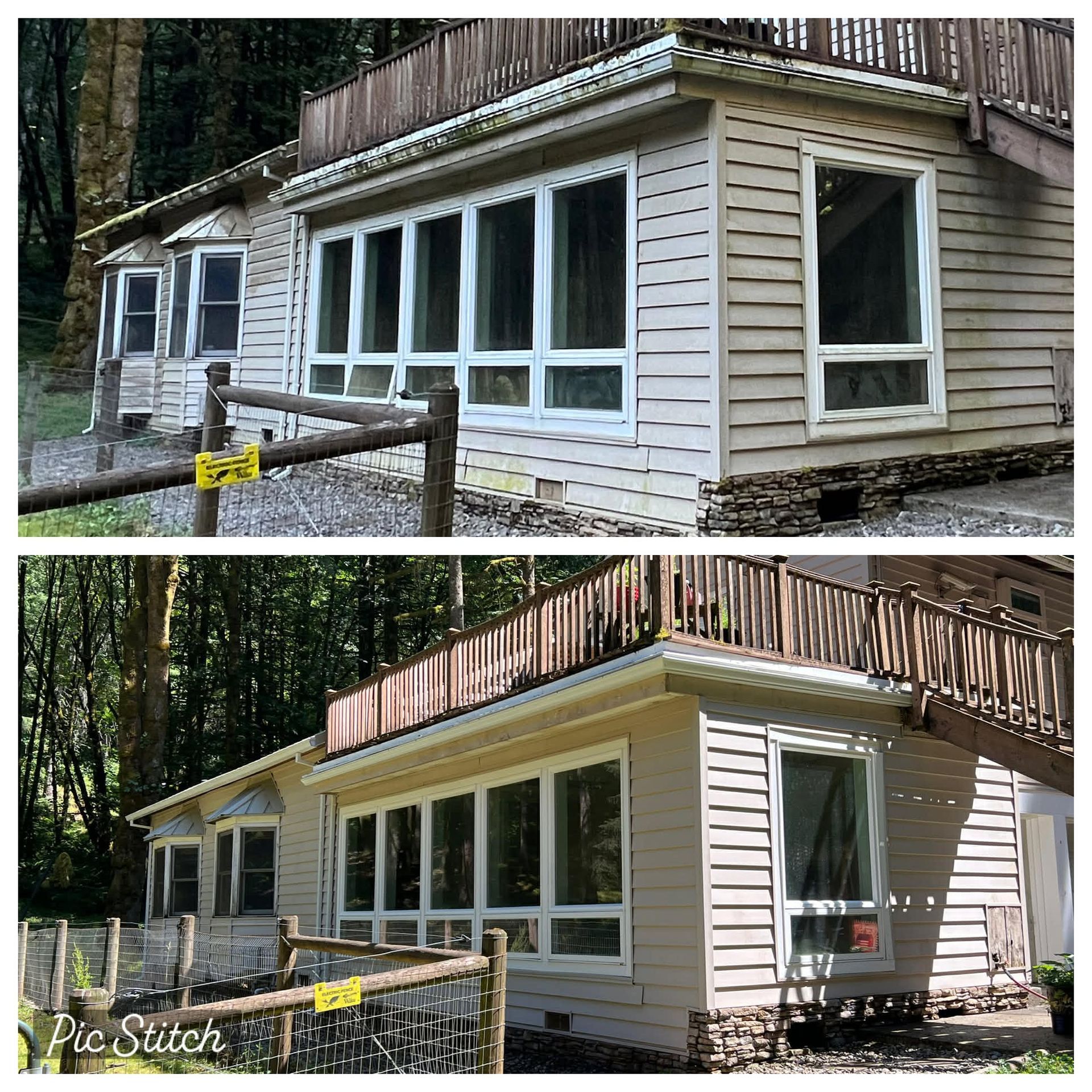 Before-and-after exterior of a beige cabin with new windows and railing, shown in a forest setting.