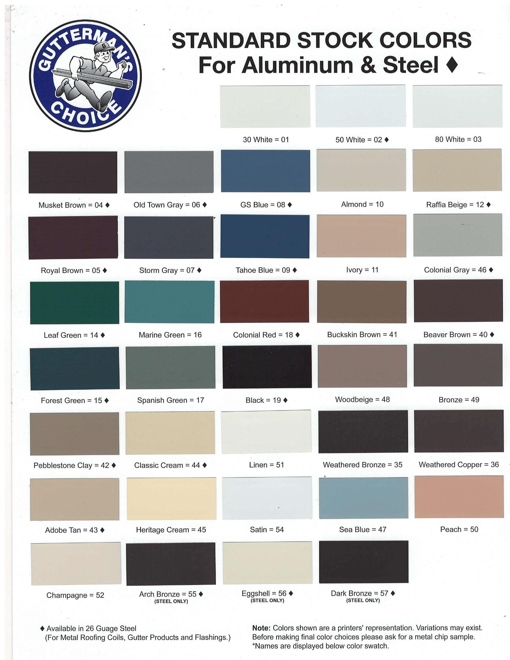 Gutterman's Steel Chart showing available seamless gutter color swatches