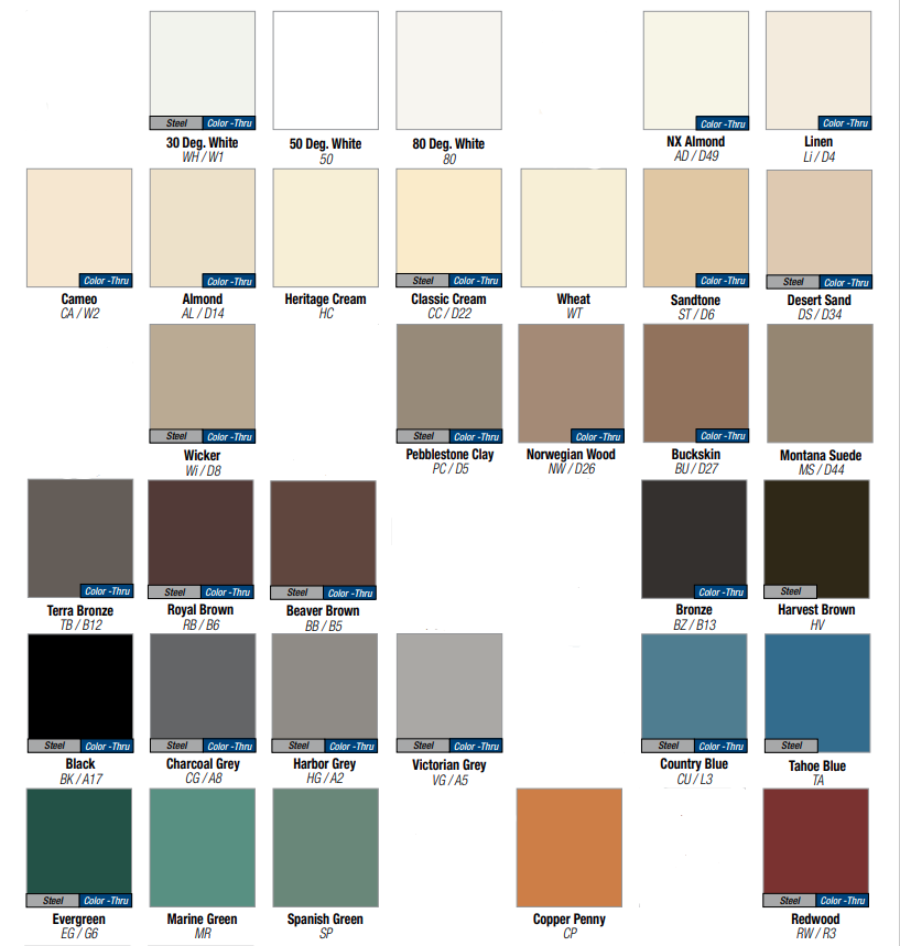 ABC Aluminum Chart showing available seamless gutter color swatches