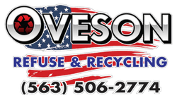 Logo for Oveson Refuse & Recycling, with an American flag background and phone number.
