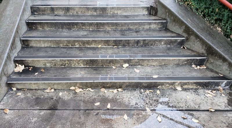 Concrete outdoor stairs covered with scattered wet leaves and debris