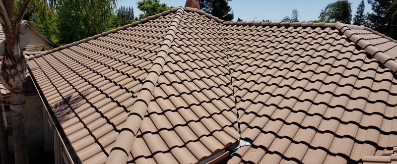 Tile roof on a house, viewed from above with trees in the background.