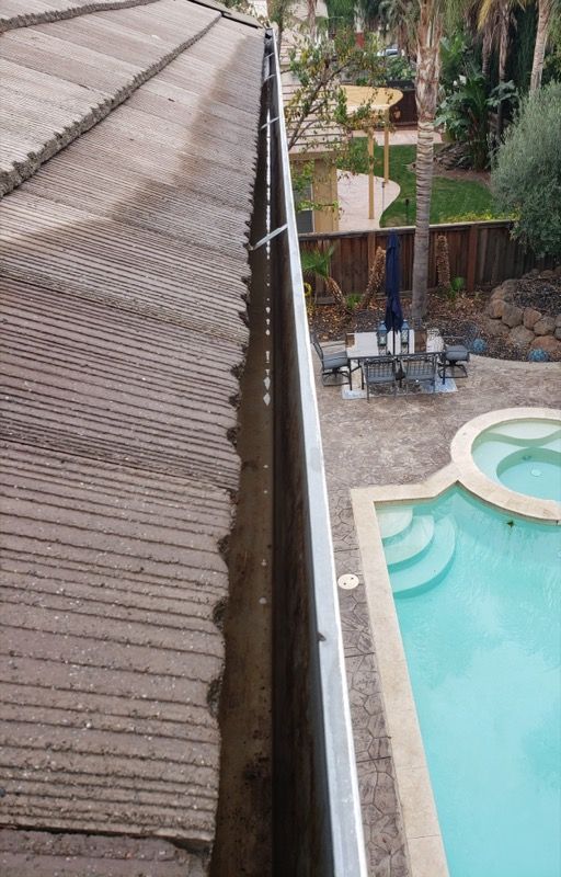 View from a roofline over a backyard pool, patio, and palm trees; a ladder runs down the side of the house.