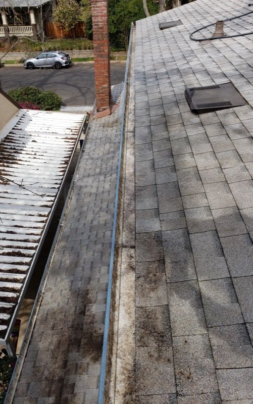 Steep gray shingled roof with a skylight beside a brick chimney, viewed from above a residential street
