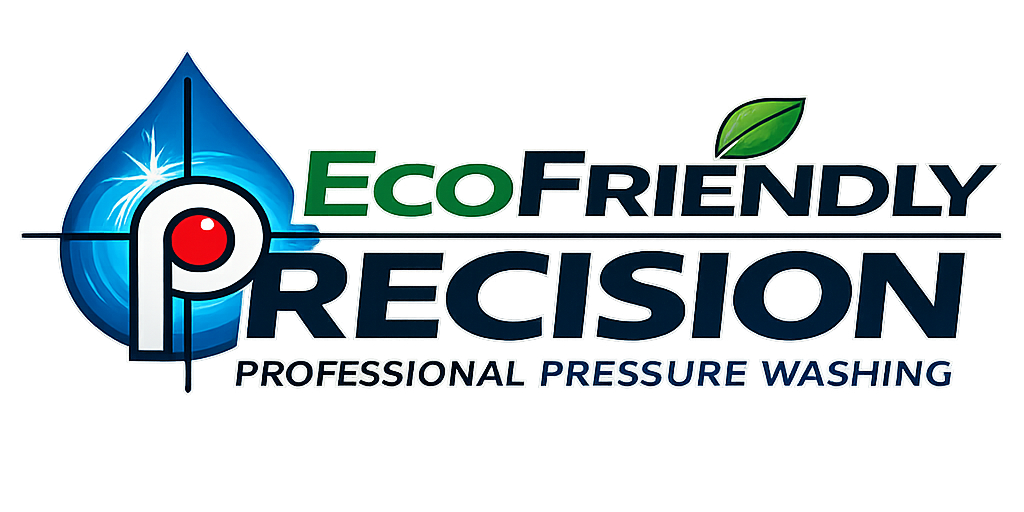 EcoFriendly Precision logo with blue water droplet, green leaf, and &ldquo;Professional Pressure Washing&rdquo; text
