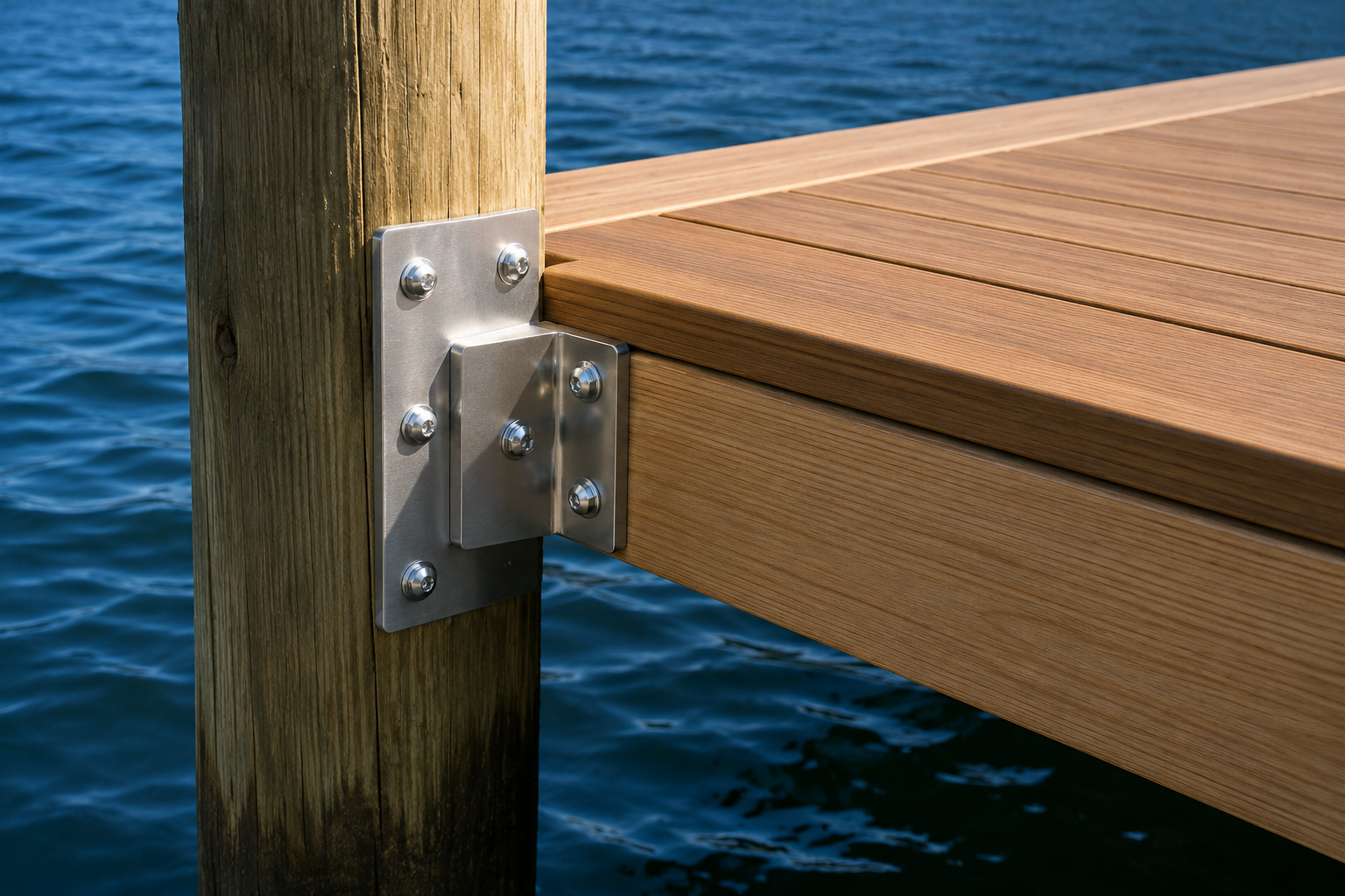 Worker using a power drill to repair wooden dock boards beside a waterfront canal