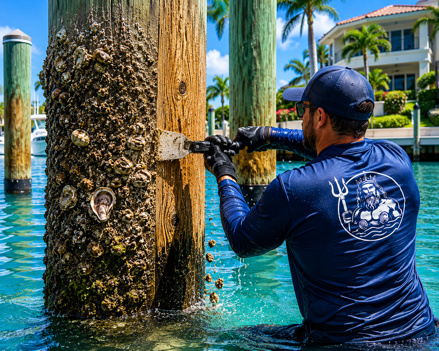 Worker using a chainsaw to trim a palm tree beside blue water and waterfront homes