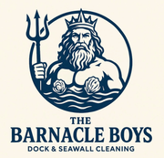 Barnacle Boys logo with a bearded sea god holding a trident above dock and seawall cleaning text