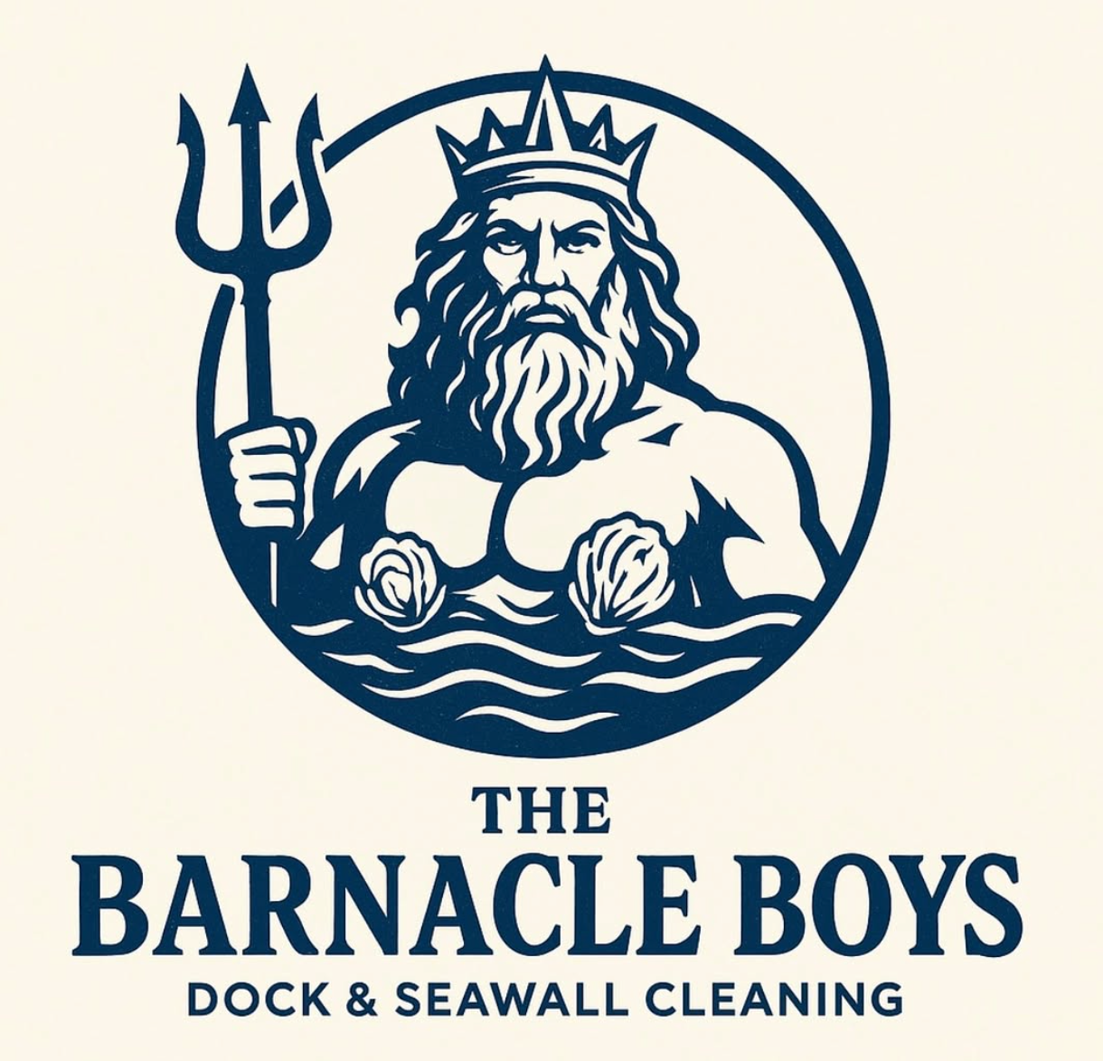 Barnacle Boys logo with a bearded sea god holding a trident above dock and seawall cleaning text