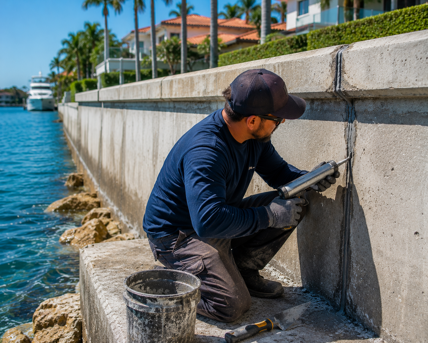 Worker cleaning a seawall with tools beside a blue waterfront and buildings in the background