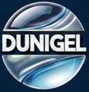 Logo DUNIGEL in grassetto bianco su sfondo circolare blu-argento lucido
