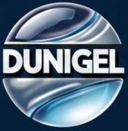 Logo DUNGEL in testo bianco su uno sfondo circolare blu lucido.