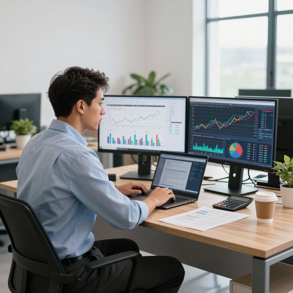 Man working on a laptop with two monitors displaying charts and graphs in an office setting.