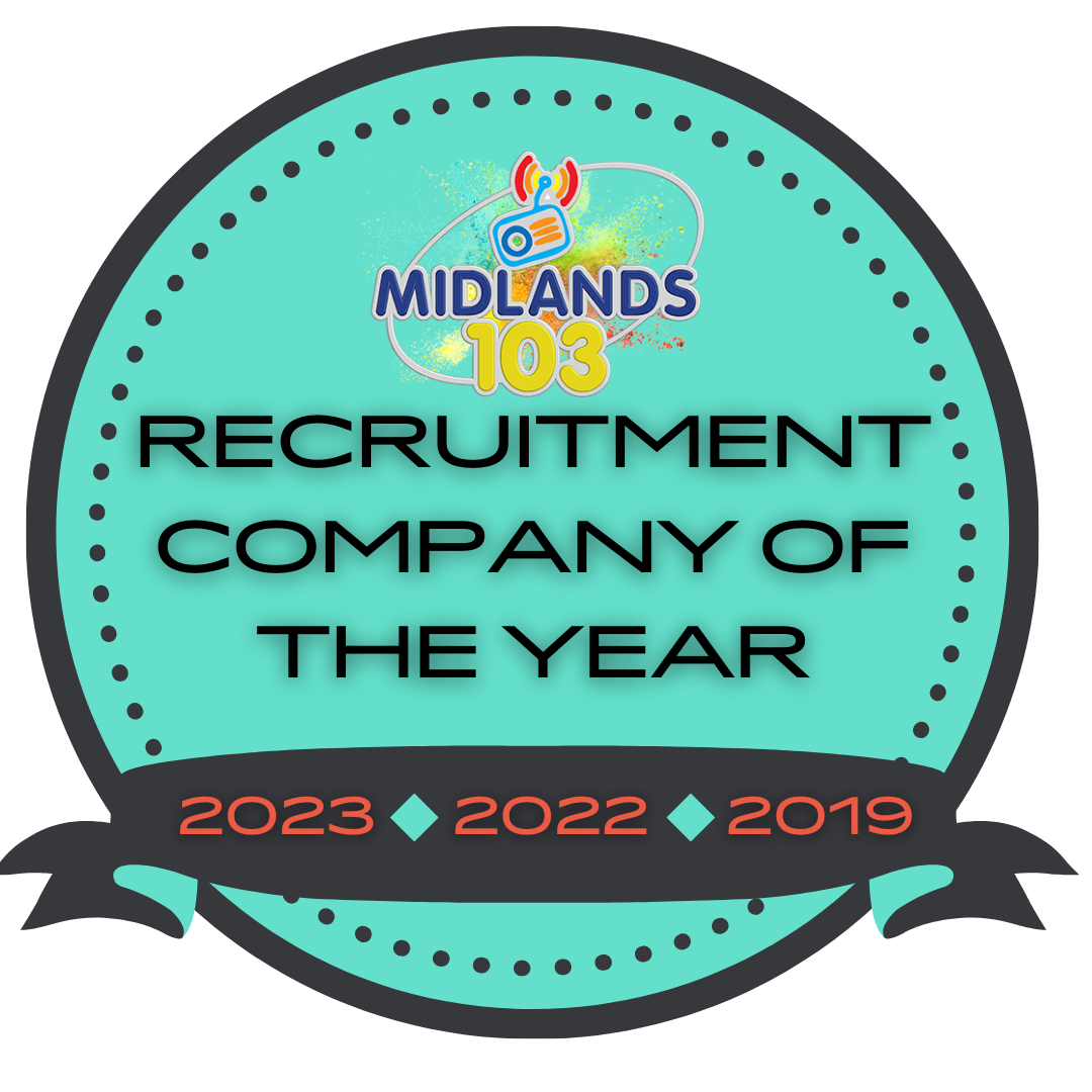 Badge: Midlands 103 Recruitment Company of the Year. Teal, black, and white design with years 2023, 2022, 2019.