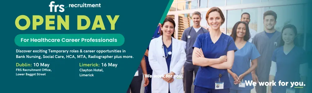 Open Day recruitment banner for healthcare professionals. Features smiling medical staff in front of a building.