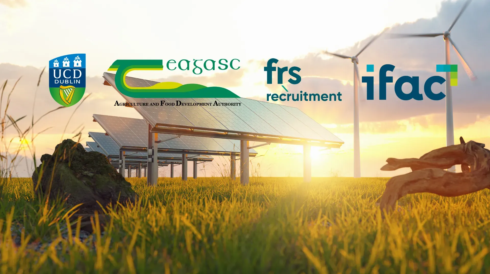 Solar panels, wind turbines, logos of UCD, Teagasc, FRS, and ifac over a field at sunset.