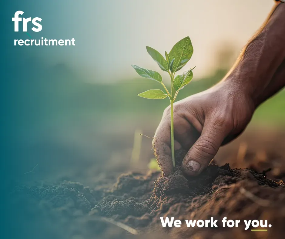A hand planting a seedling in soil; FRS recruitment logo.