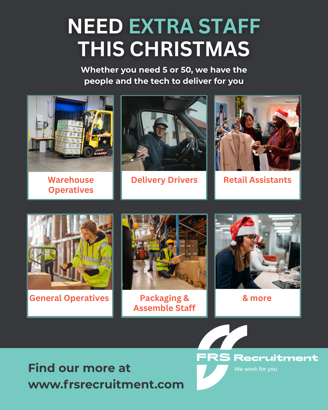 Recruitment advertisement. Offers extra staff for Christmas. Features photos of warehouse, delivery, retail, and general staff.