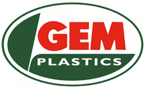 Logo for Gem Plastics, featuring red