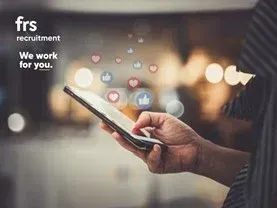 Hand holding a phone with social media icons rising, FRS recruitment logo in the corner.