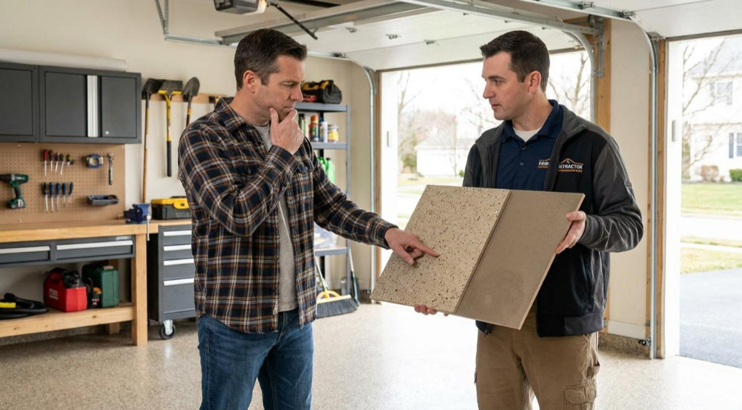 Two men discussing a large tile sample in a bright workshop or garage with tools in the background