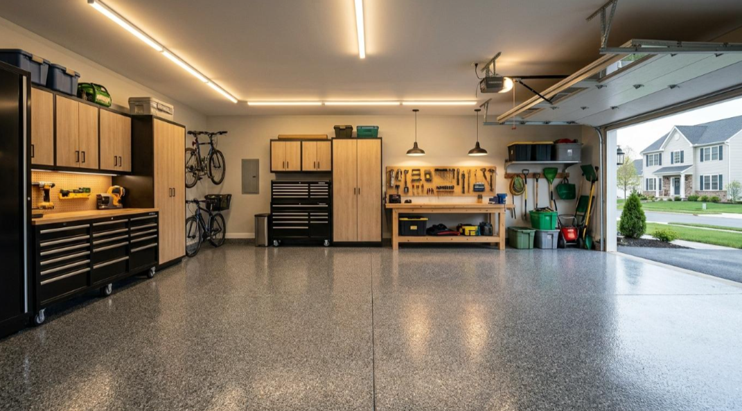 Spacious garage with gray epoxy floor, workbenches, cabinets, shelves, and open overhead door to a suburban street