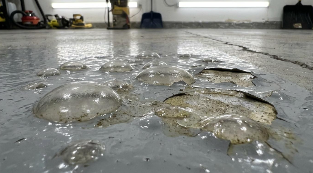 Damp concrete floor with several wet patches and bubbles in an indoor garage or workshop