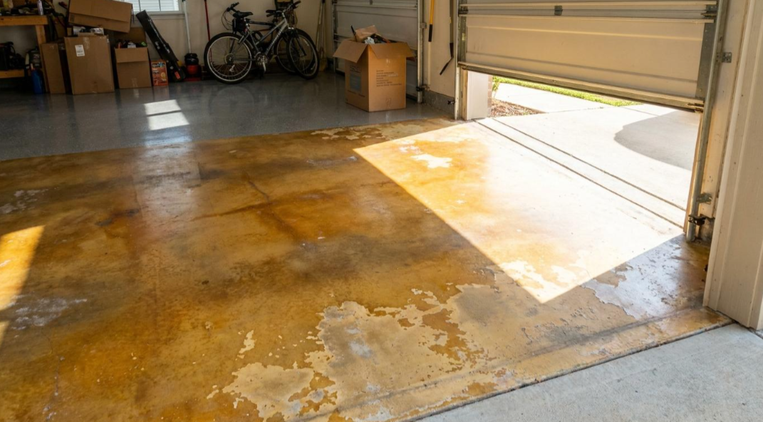 Garage floor with wet, discolored concrete and sunlight streaming through an open garage door.