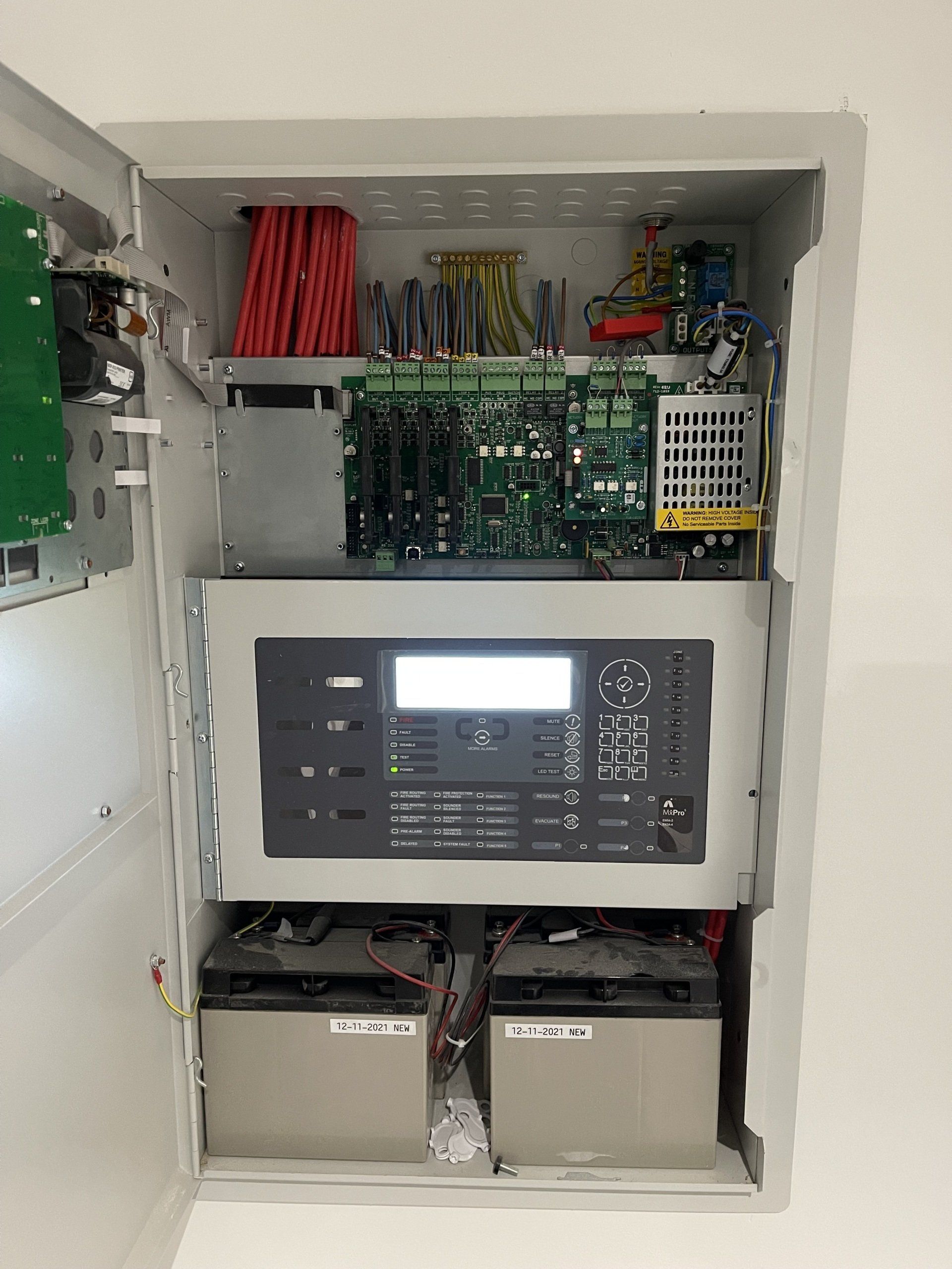 Inside an MX5808 fire alarm panel
